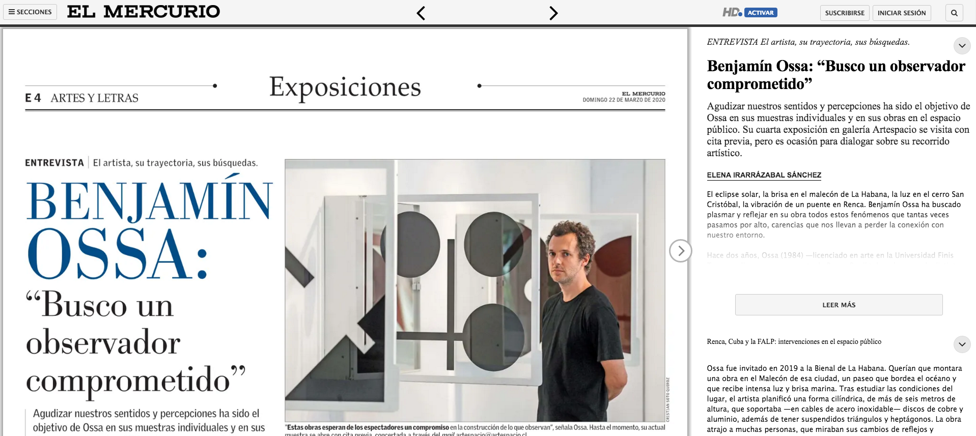 Artes y Letras el Mercurio / Benjamín Ossa: "Busco un observador comprometido"