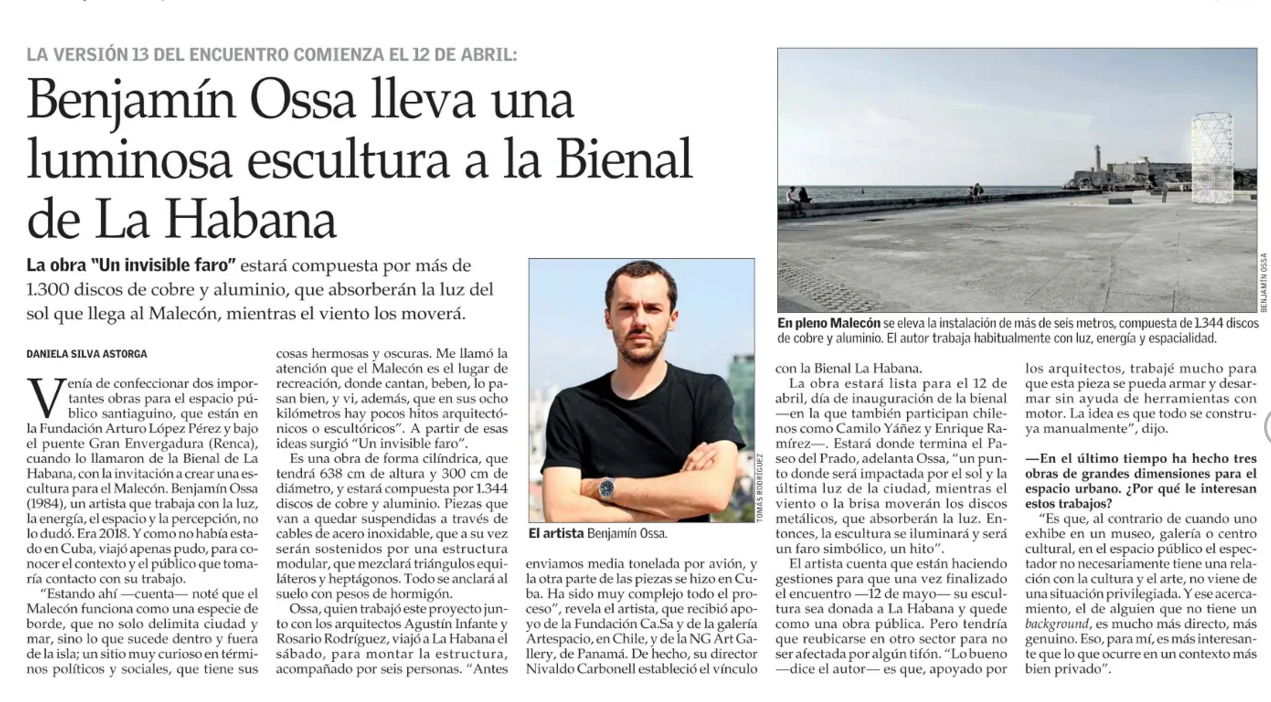 EL MERCURIO por Daniela Silva Astorga / Benjam&iacute;n Ossa lleva una luminosa escultura a la ciudad de La Habana